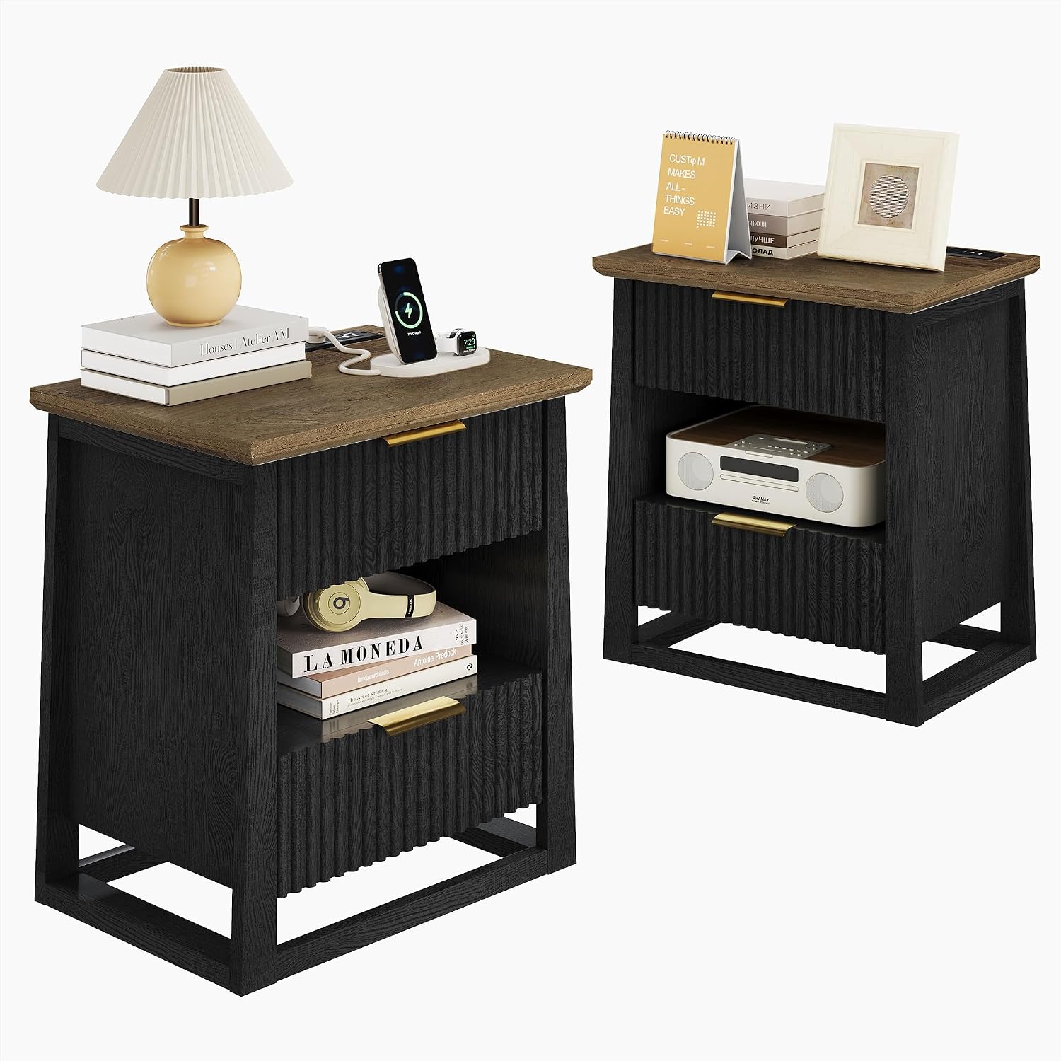 HIFYOBRO Fluted End Table Set of 2 with Charging Station and Motion Sensor Light, Modern Black Side Tables with 2 Drawers and Storage Shelf for Living Room, Bedroom, Guest Room