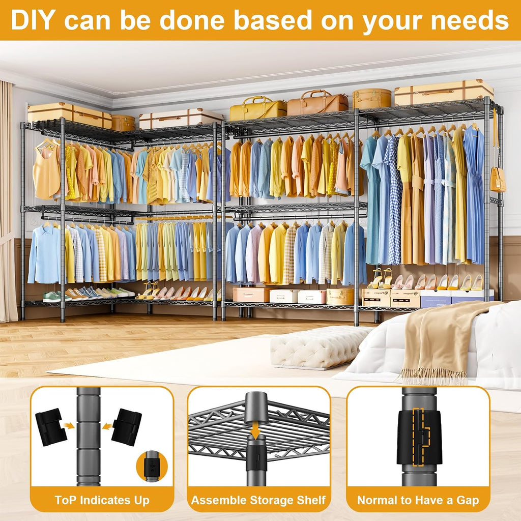 ULIFHOME E15 Pro Garment Rack L Shaped Clothes Rack for Corner，Freestanding Clothing Racks for Hanging Clothes，Heavy Duty Closet System with 4 Hanging Rods & 8 S Hooks，48.8'W x 15.8'D x 78.4'H，Grey