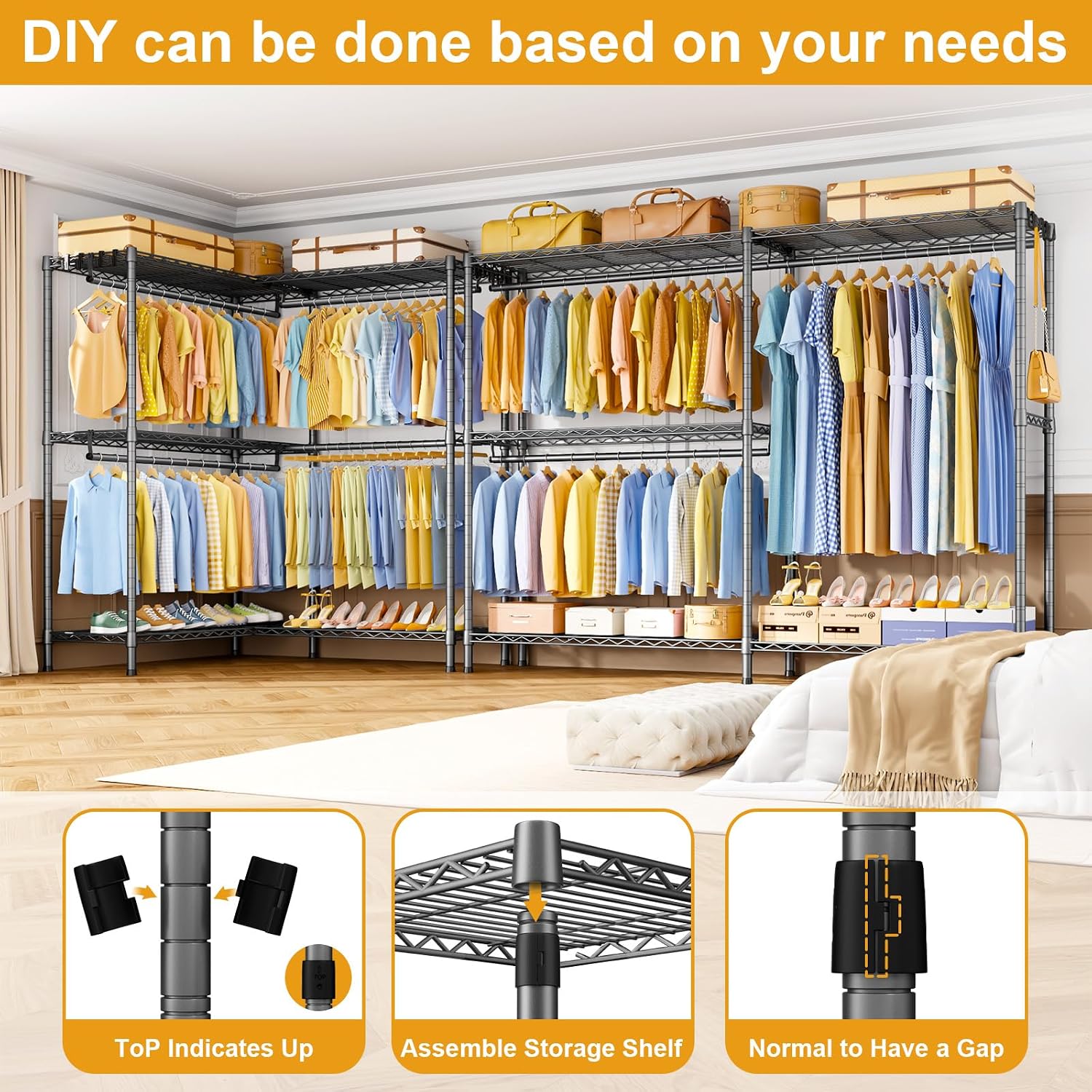 ULIFHOME E15 Pro Garment Rack L Shaped Clothes Rack for Corner，Freestanding Clothing Racks for Hanging Clothes，Heavy Duty Closet System with 4 Hanging Rods & 8 S Hooks，48.8'W x 15.8'D x 78.4'H，Grey