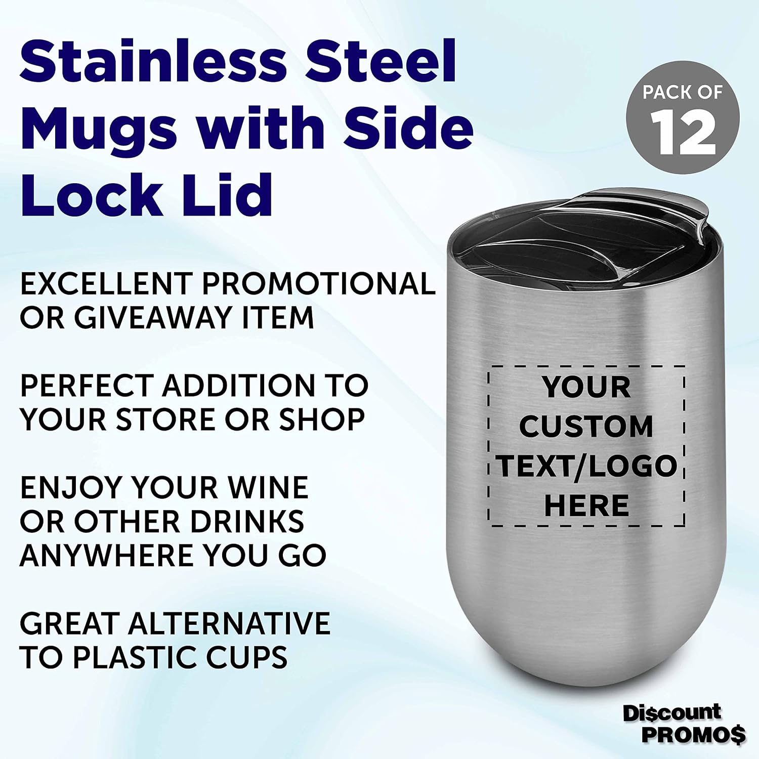 Custom Stainless Steel Mugs with Side Lock Lid Set of 12, Personalized Bulk Pack - Perfect for Coffee, Hot Chocolate, Iced Tea, Soda, Other Hot & Cold Beverages - Silver