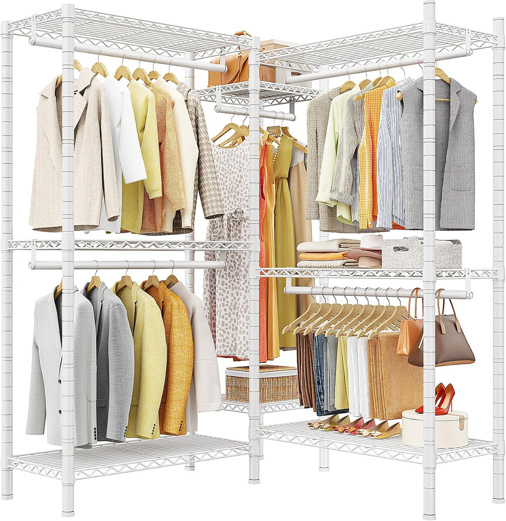 Raybee Clothes Rack, Clothing Racks for Hanging Clothes, L Shaped Clothing Rack for Corner 900LBS Heavy Duty Clothes Rack Garment Rack 74.5' W X 18' D X 77' H, White