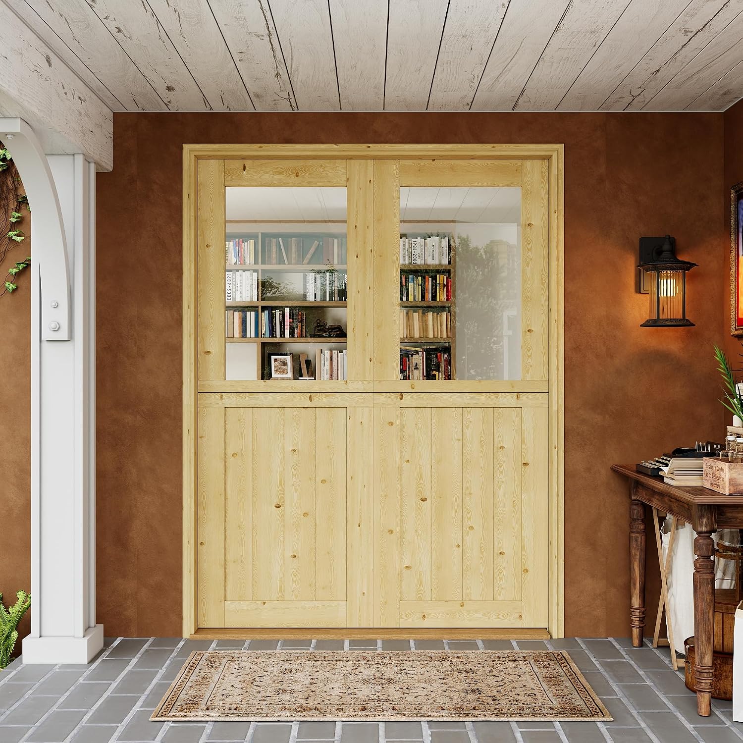 Interior & Exterior Double Dutch Door Slab, 64' x 80', Universal Tempered Clear Glass Split Single Doors, Solid Core Home Door, Natural Pine Wood - with 8 Black Hinges & 2 Latch, Without Jamb