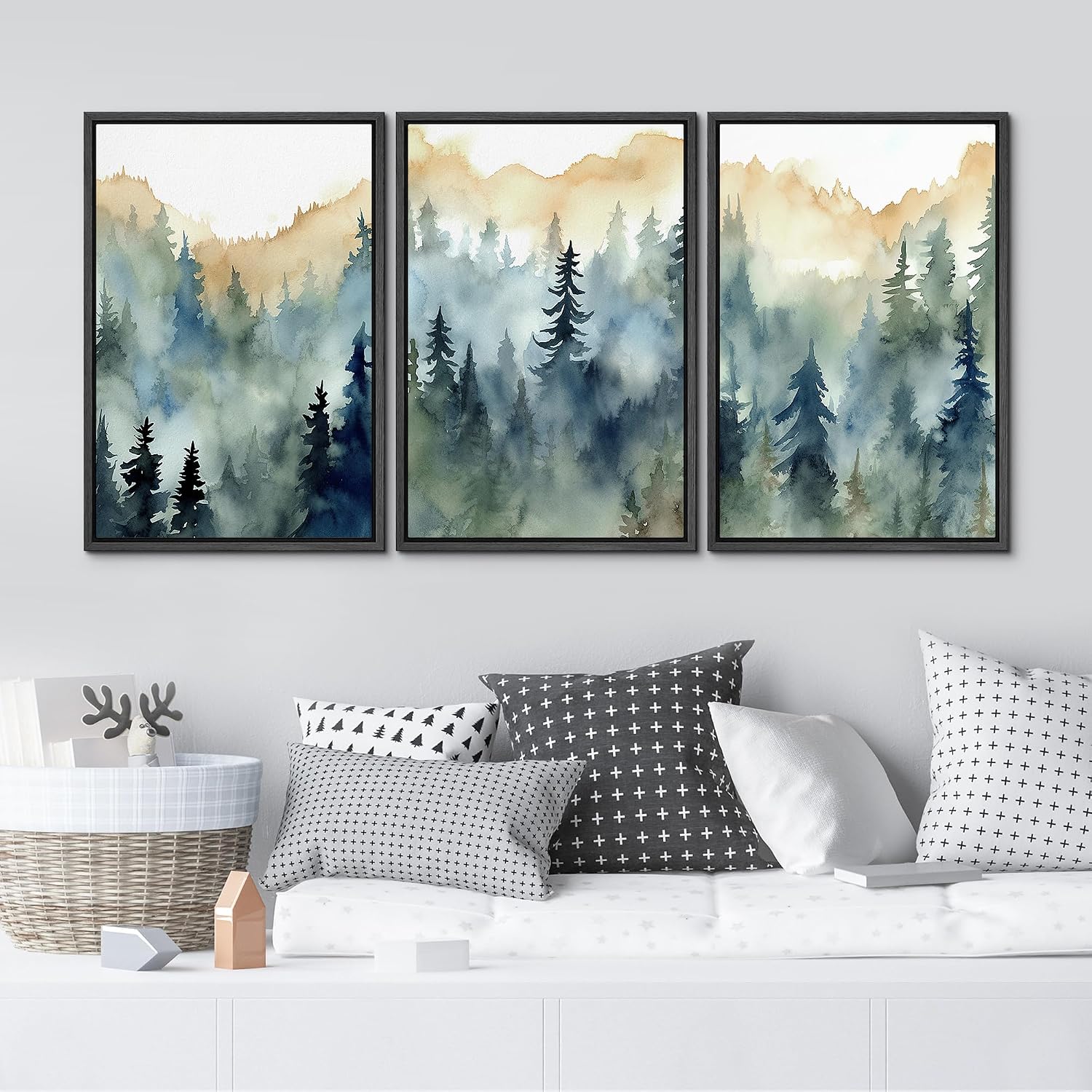 MUDECOR Framed Canvas Print Wall Art Set Pastel Watercolor Pine Tree Forest Nature Wilderness Illustrations Modern Decorative Floral Botanical Minimal Calm/Relax/Cozy for Bedroom - 24'x36'x3 Black