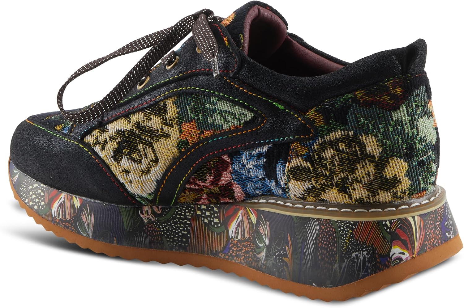 L'Artiste INVIDIA Women's Platform Sneaker – Metallic Leather & Tapestry Lace-Up with Rainbow Stitching