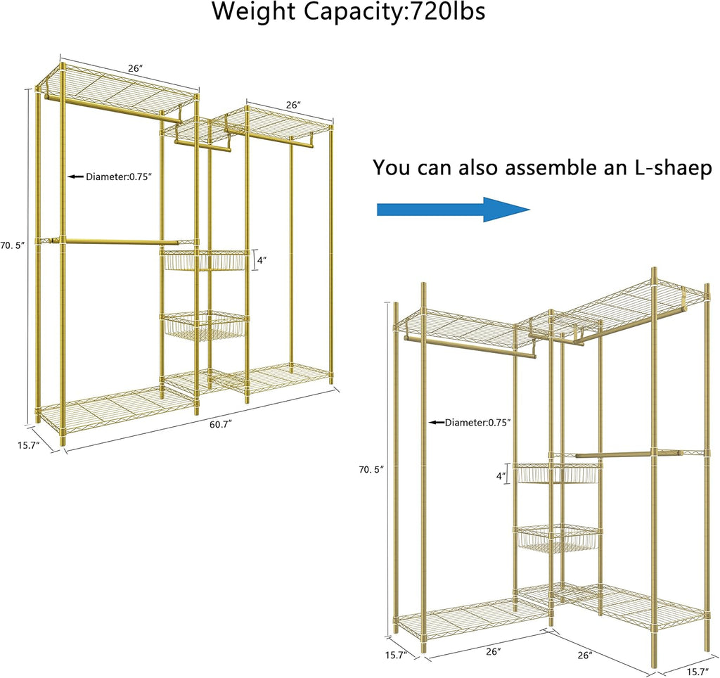 XIOFIO 6 Tiers Heavy Duty Garment Rack,Clothing Storage Organizer, Metal Clothing Rack,Clothing Rack with Hanging Rod,Adjustable Shelf and Fixed Baskets,60.7'L x 15.7'W x 70.5'H Max Load 720LBS,Gold