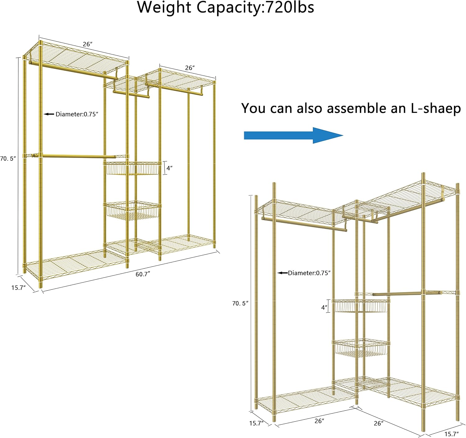 XIOFIO 6 Tiers Heavy Duty Garment Rack,Clothing Storage Organizer, Metal Clothing Rack,Clothing Rack with Hanging Rod,Adjustable Shelf and Fixed Baskets,60.7'L x 15.7'W x 70.5'H Max Load 720LBS,Gold