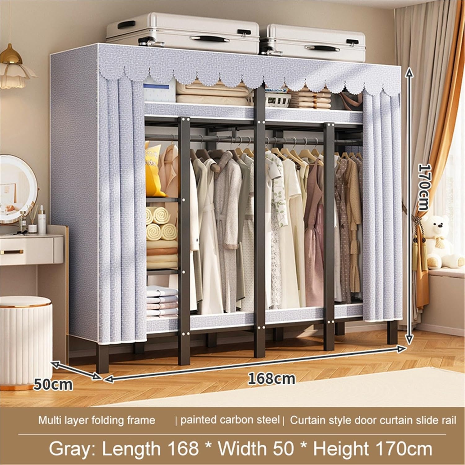 Portable Closet Rack Heavy-Duty Foldable Garment Racks With Cover, 1200lbs Enclosed Wardrobe With Independent Area & Hanging Rods, Freestanding Metal Clothes Rack For Bedding Storage(168cm)