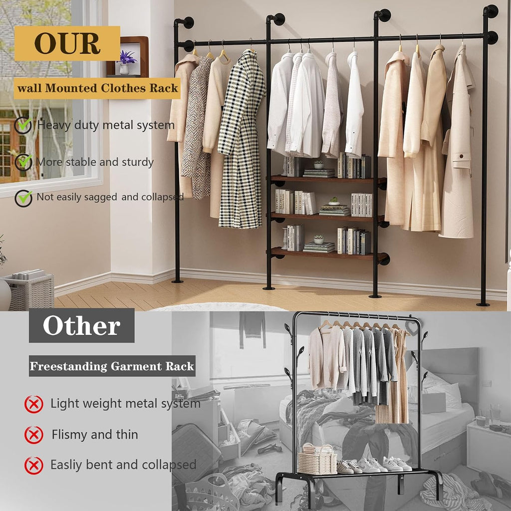 HOMEKAYT Industrial Pipe Clothes Rack,Wall Mounted Clothing Rack with Shelves, Heavy Duty Multi-Purpose Storage Clothes Hanging Shelf - 94.5''L Black