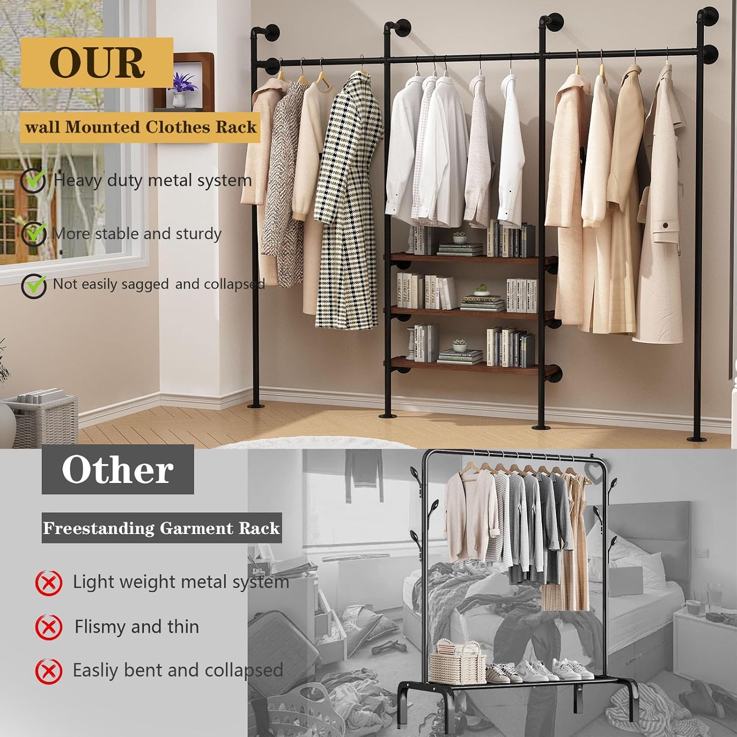 HOMEKAYT Industrial Pipe Clothes Rack,Wall Mounted Clothing Rack with Shelves, Heavy Duty Multi-Purpose Storage Clothes Hanging Shelf - 94.5''L Black