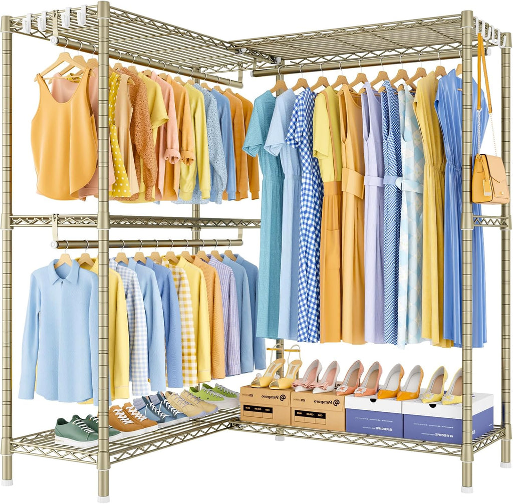 ULIFHOME E15 Pro Garment Rack L Shaped Clothes Rack for Corner，Freestanding Clothing Racks for Hanging Clothes，Heavy Duty Closet System with 4 Hanging Rods & 8 S Hooks，48.8'W x 15.8'D x 78.4'H，Gold