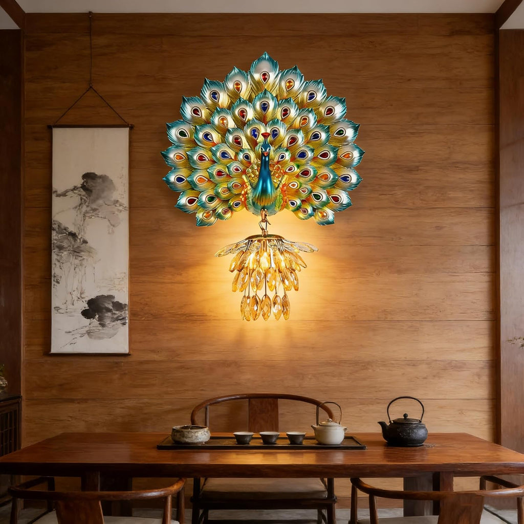 Modern Large Wall Sconce Crystal Glass Wall Mouunt Light Blue Resin Peacock Decorative Light E26 15.7' Wall Light Fixture for Bedroom Living Room Dining Room Hallway