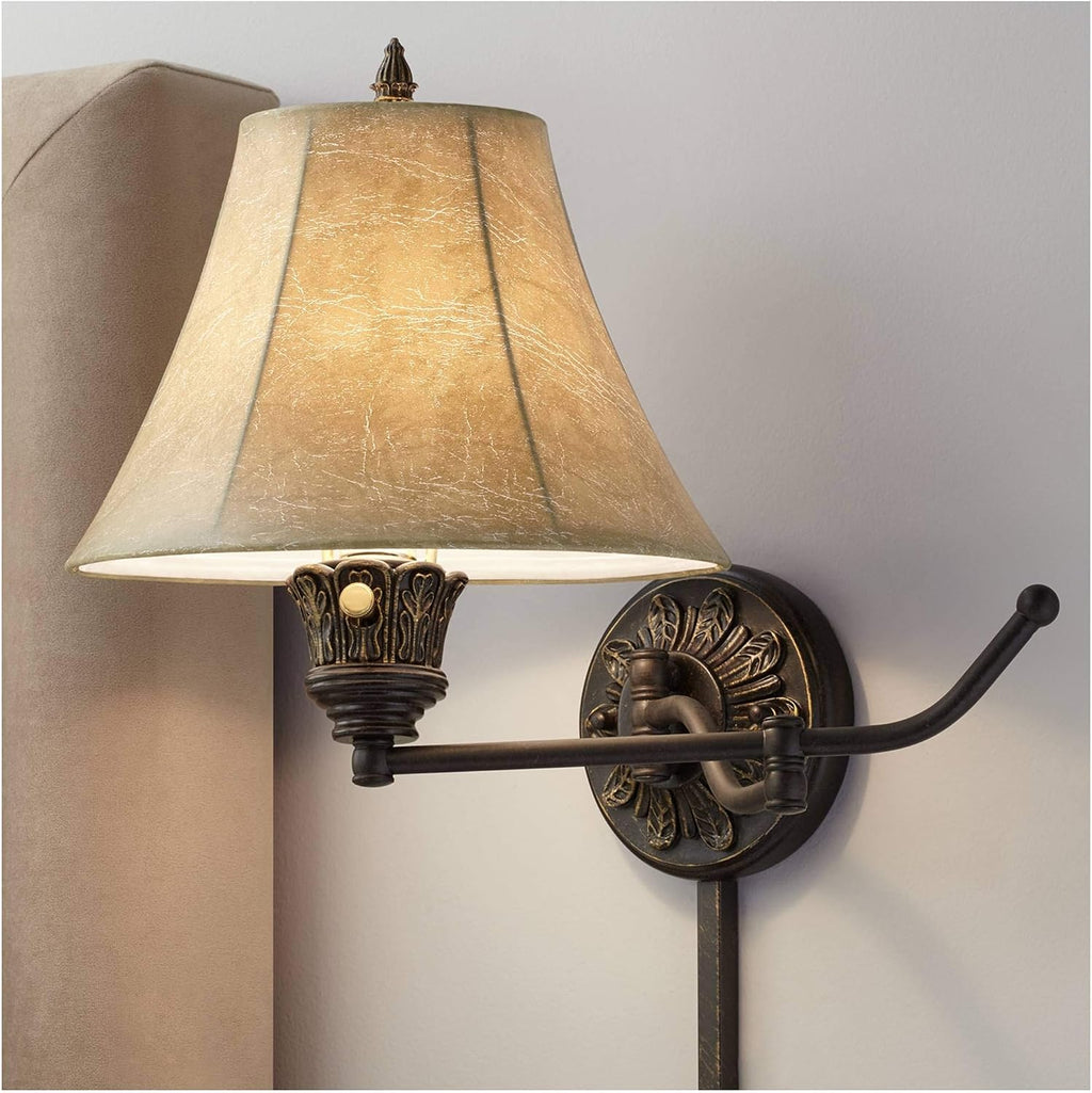 Barnes and Ivy Rosslyn Rustic French Country Swing Arm Wall Lamps Set of 2 Bronze Plug-in Light Fixture Faux Leather Bell Shade for Cottage Core Bedroom Bedside House Reading Living Room Home Dining