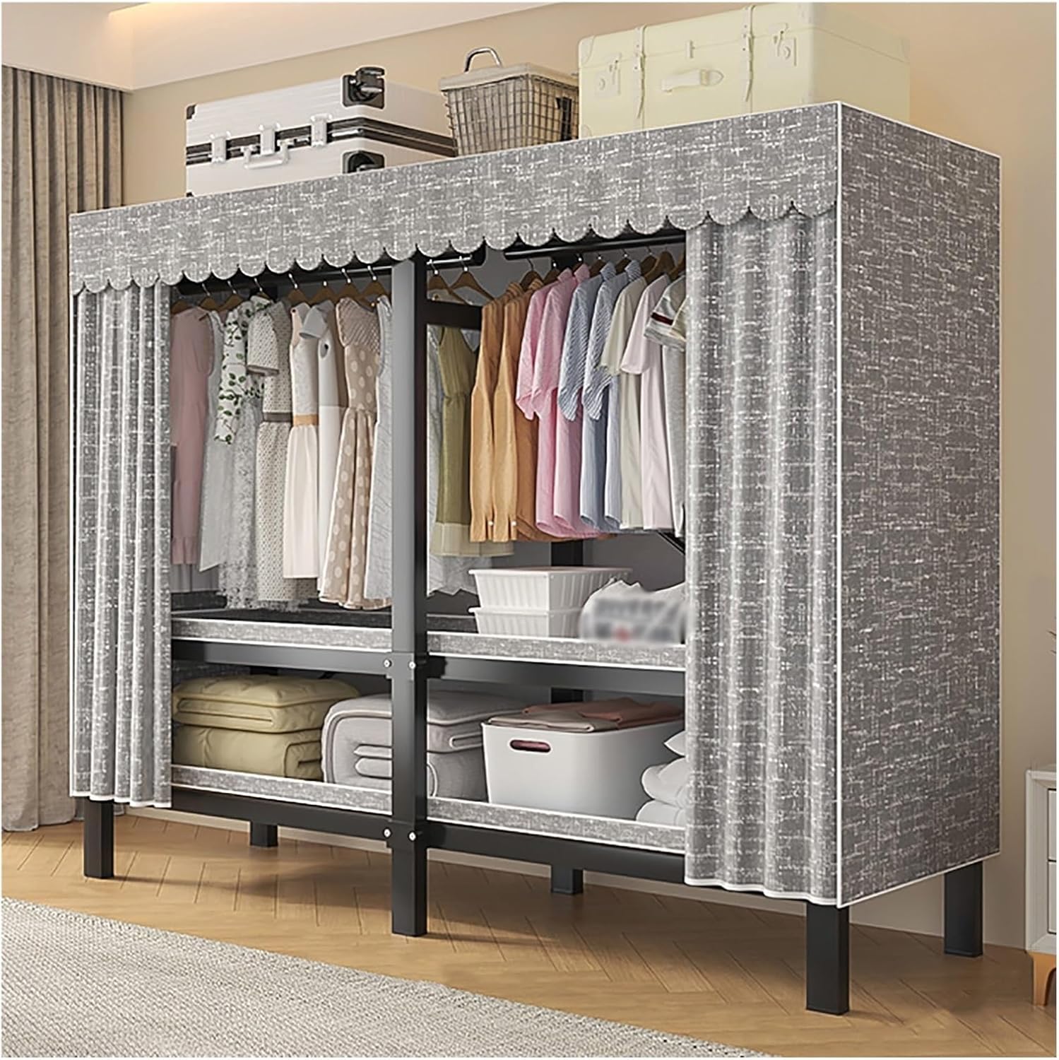Foldable Clothe Rack with Cover, Portable Wardrobe Closet for Bedroom, Garment Rack for Hanging Clothes, Organizer Storage Closet for Bedroom(Grey2,127cm/50inch)