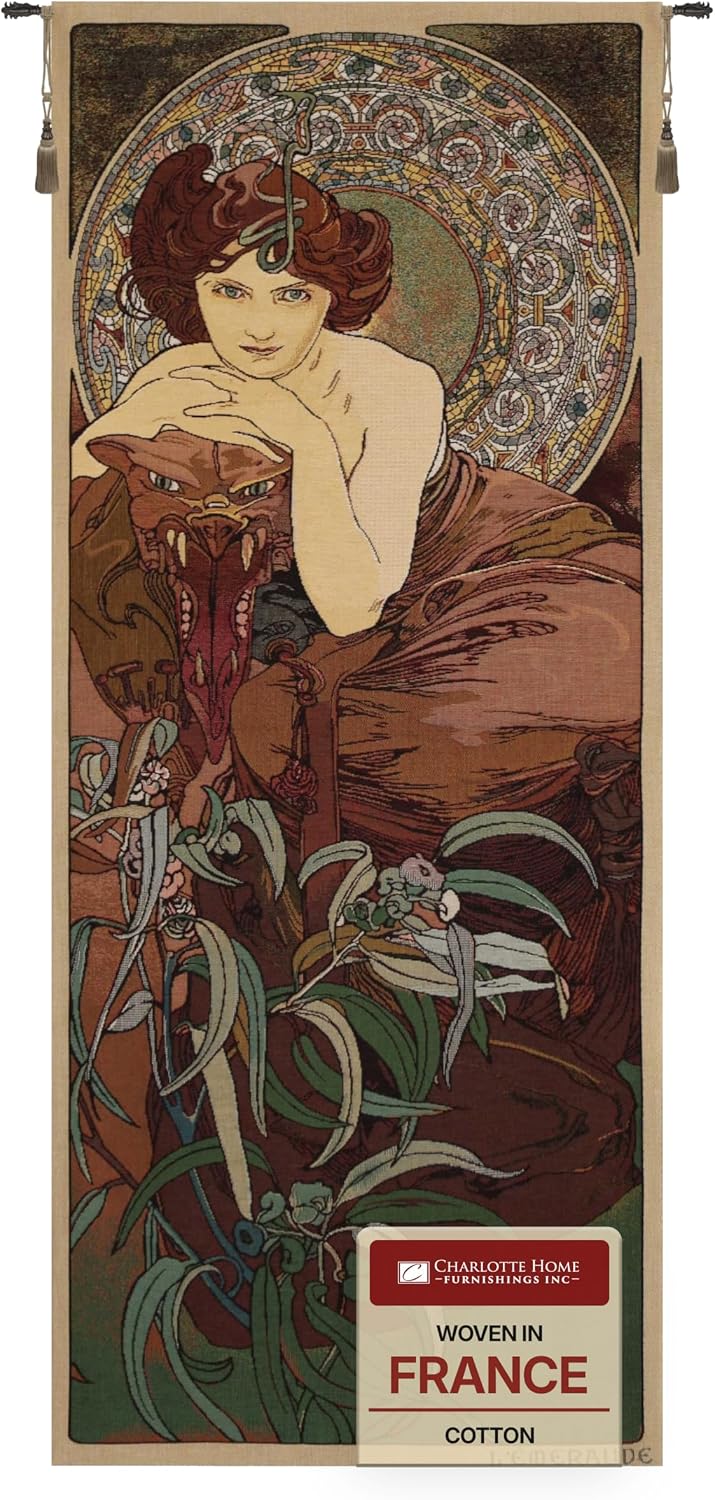 Charlotte Home Furnishings Inc - Mucha Emeraude Stone Belgian Premium Tapestry Wall Hanging | 44x18 in Viscose Polyester Blend Boho Vintage Woven Wall Tapestry for Home & Wall Art by Alphonse Mucha
