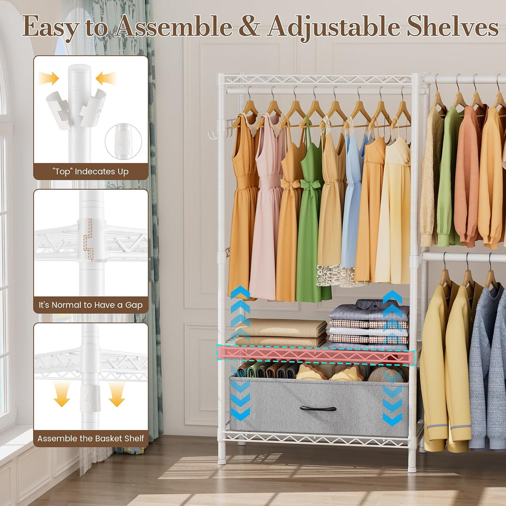 Golpart Coat Rack Clothes Wardrobe：Closet Organizer and Storage Clothing Garment Rack with Shelves Heavy Duty for Hanging Clothes Portable Adjustable White 15.8' DX(70-88)' WX76.5 H