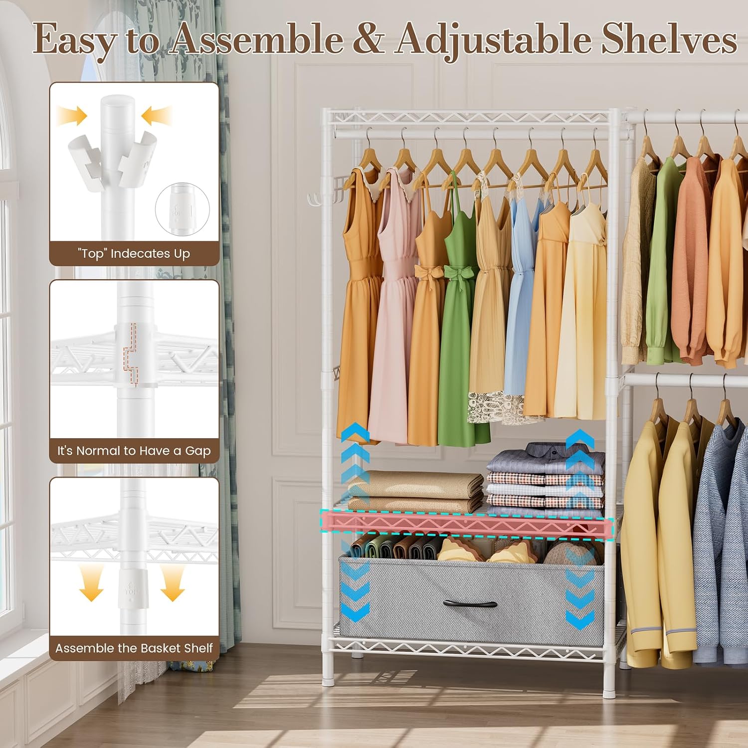 Golpart Coat Rack Clothes Wardrobe：Closet Organizer and Storage Clothing Garment Rack with Shelves Heavy Duty for Hanging Clothes Portable Adjustable White 15.8' DX(70-88)' WX76.5 H