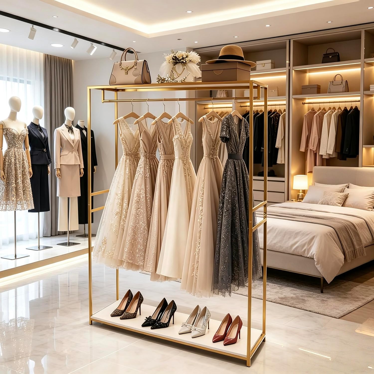 75' Tall Gold Clothing Garment Rack Boutique Retail Display Stand | W/ 2 Wood Shelf Clothes Wedding Dressr Racks for Hanging Long Dresses, Closet Wardrobe Shoes Bags Hats Clothes Organizer