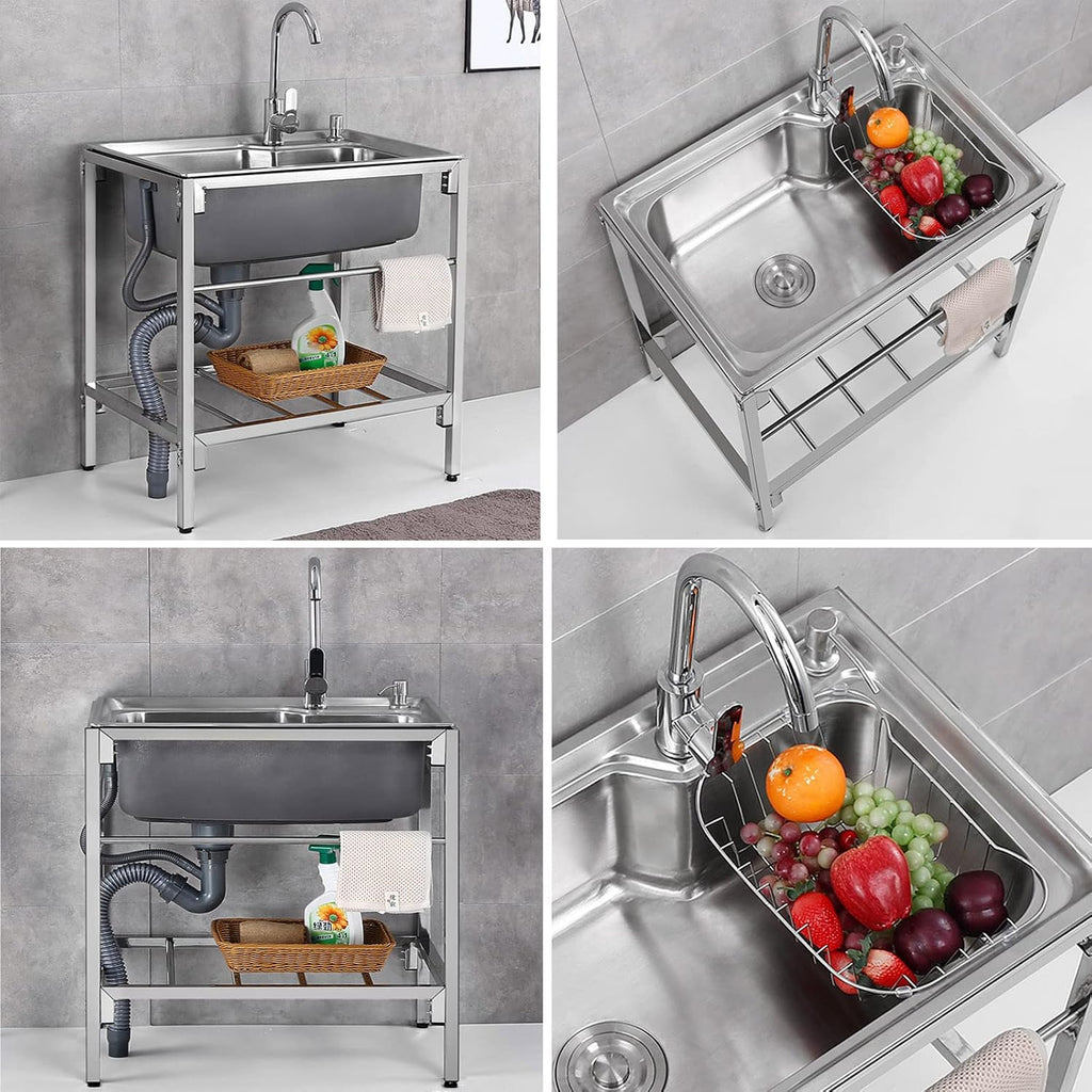 Utility Sink Free Standing Commercial Kitchen Stainless Steel Sink 1 Compartment Workbench Sink with Hot Cold Water Pipes Tap Anti-Overflow for Outdoor Garage Utility Room Laundry