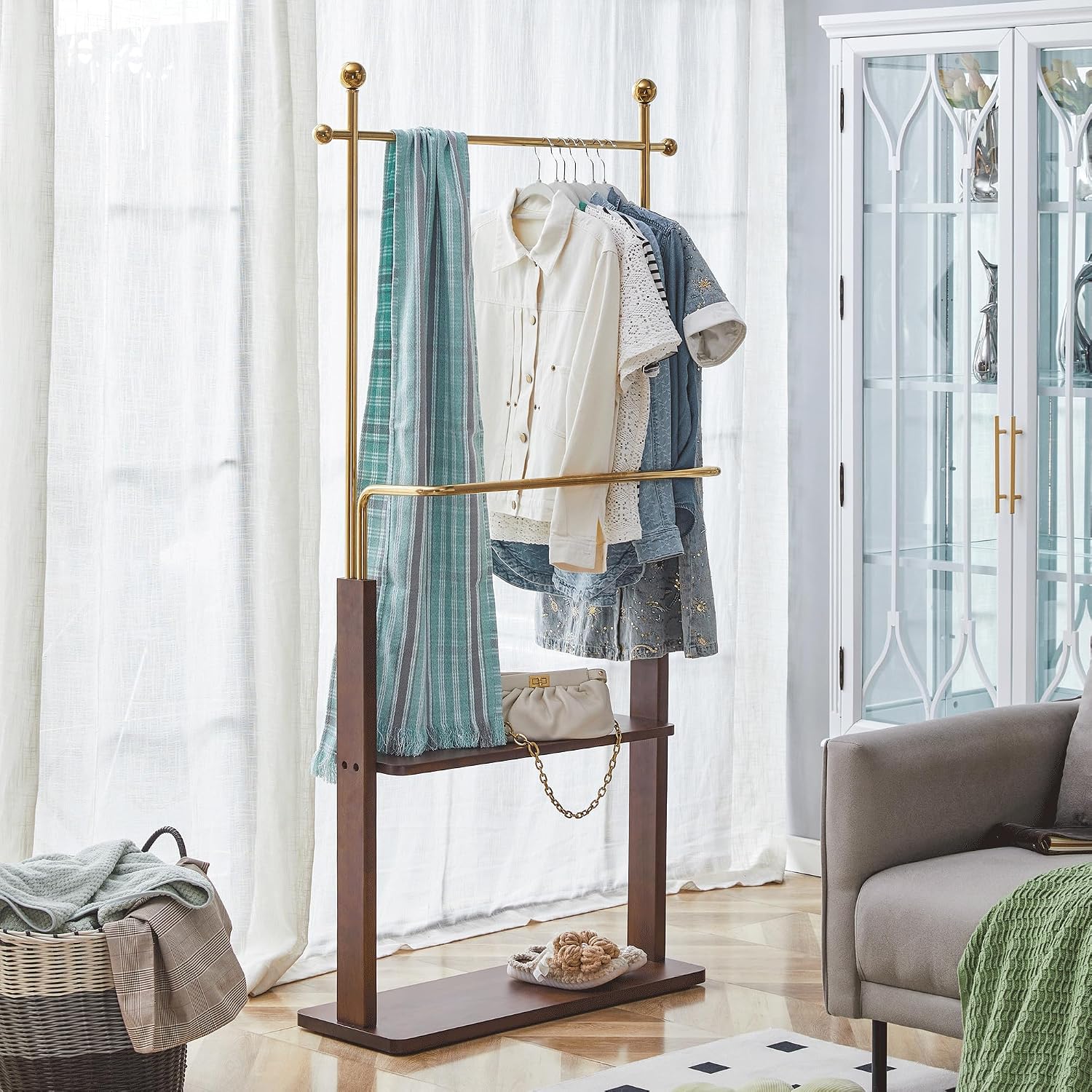 CHANCEE 68.9' Golden Stainless Steel and Walnut Solid Wood Double-Layer Coat Rack, Modern Freestanding Clothes Hanger with Storage Shelf, Multi-Functional Entryway Organizer Cabinet