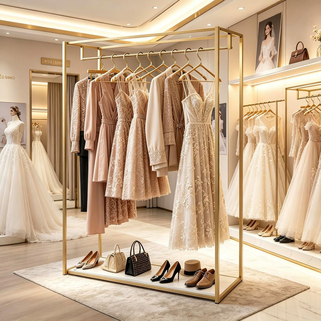 76' Tall Gold Clothing Garment Rack Boutique Retail Display Stand | Heavy Duty Clothes Wedding Dressr Racks for Hanging Long Dresses, Closet Wardrobe Shoes Bags Hats Clothes Organizer