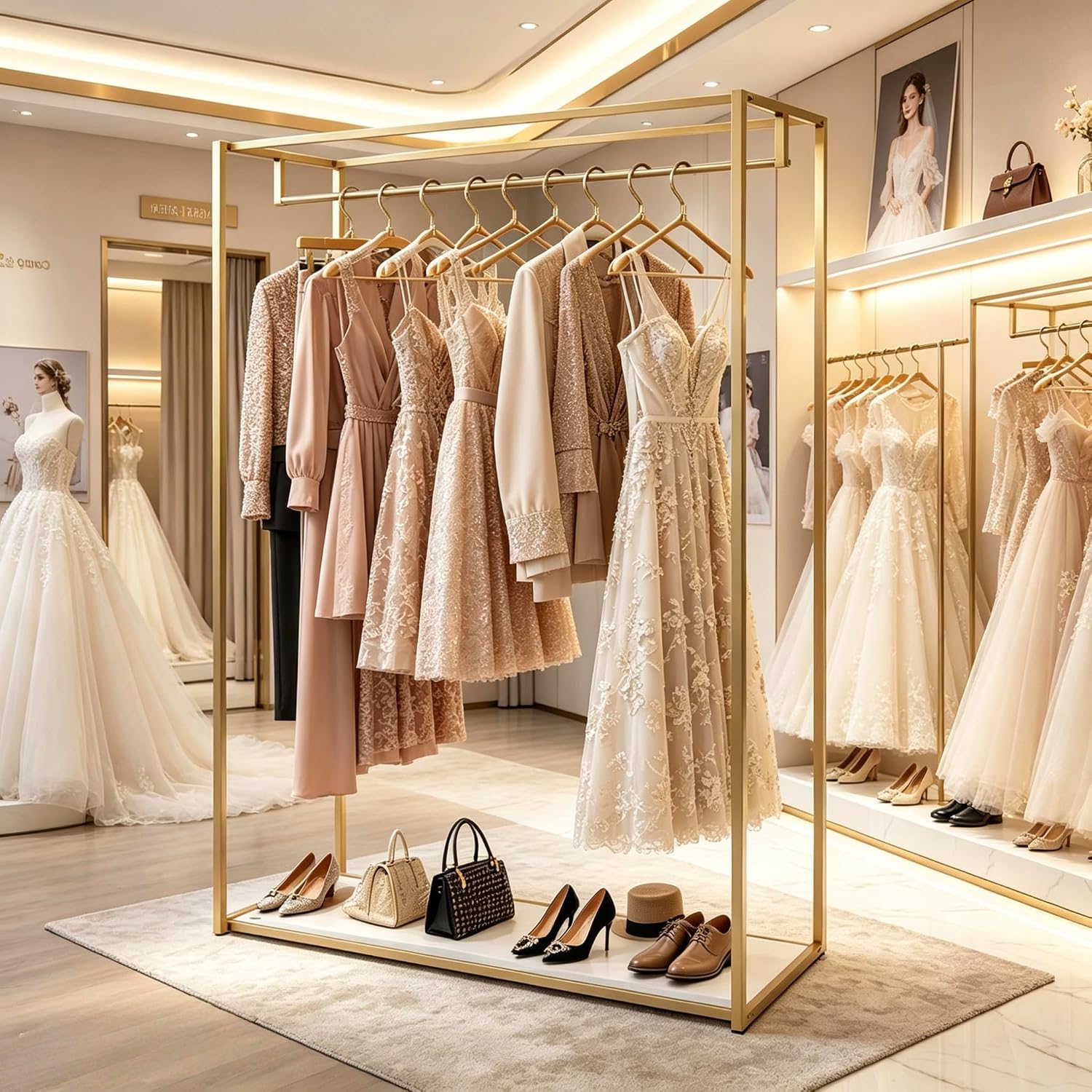 76' Tall Gold Clothing Garment Rack Boutique Retail Display Stand | Heavy Duty Clothes Wedding Dressr Racks for Hanging Long Dresses, Closet Wardrobe Shoes Bags Hats Clothes Organizer