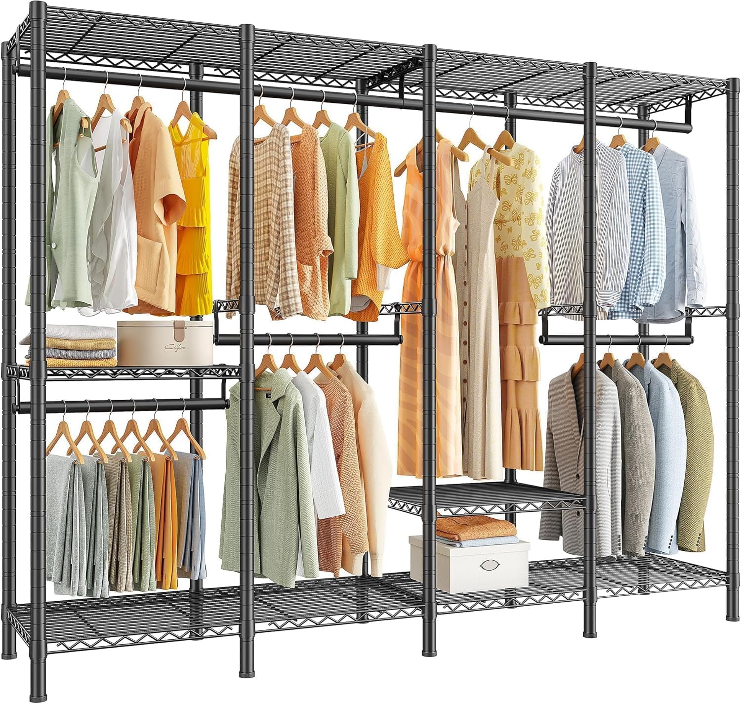 Raybee Clothes Rack for Hanging Clothes,Clothing Rack with Shelves,Portable Closet,Adjustable,76' W x 77' H x 18' D,Max Load 1150lbs,Black