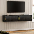 EYYTHUNG Large Floating TV Stands Set of 2, Modern Fluted Nightstands Wall Mounted Bedside Table Storage Cabinet with Sliding Doors for Living Room, Bedroom Black