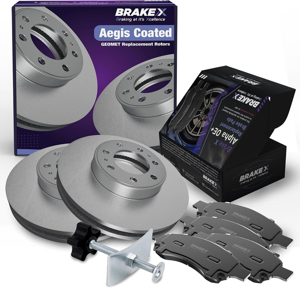 Brake X Rear Brake Pads and Rotors Kit with brake caliper compression tool replacement for 2006-2008 LINCOLN MARK LT | AEGIS GEOMET Coated Rotors and Alpha Ceramic Brake Pads