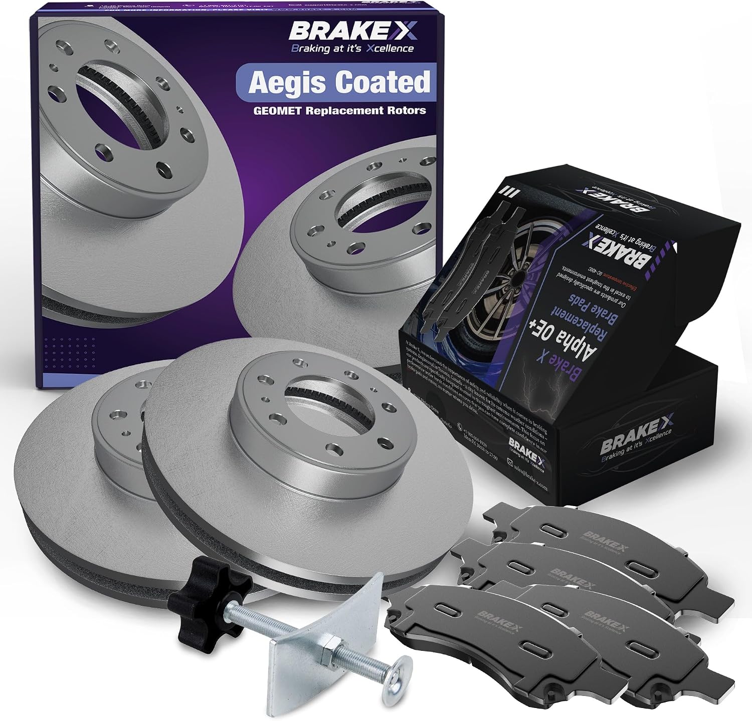 Brake X Rear Brake Pads and Rotors Kit with brake caliper compression tool replacement for 2006-2008 LINCOLN MARK LT | AEGIS GEOMET Coated Rotors and Alpha Ceramic Brake Pads
