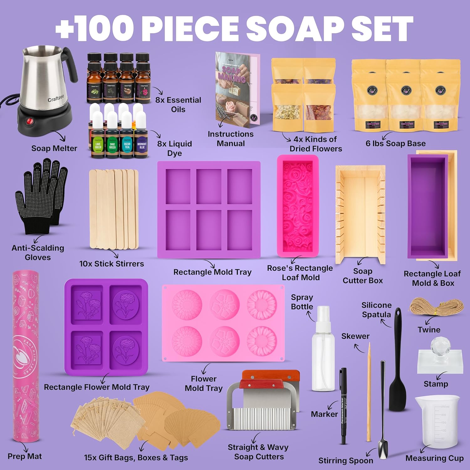 CraftZee 𝗦𝗨𝗣𝗘𝗥 𝗗𝗘𝗟𝗨𝗫𝗘 Soap Making Kit - All-in-One Soap Making Supplies with 6lbs Soap Base, 8 Dyes, 8 Essential Oils, Silicone Molds, Cutters, All Essential Tools & Instructions