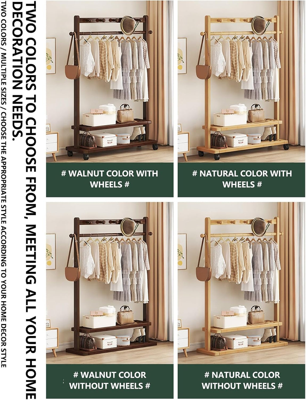 Bamboo Garment Rack with Double Shelves, Freestanding Clothes Hanging Stand for Bedroom, Heavy Duty Open Wardrobe with Side Hooks and Top Rod for Coats Dresses(Walnut,W/o wheels,32.7in)