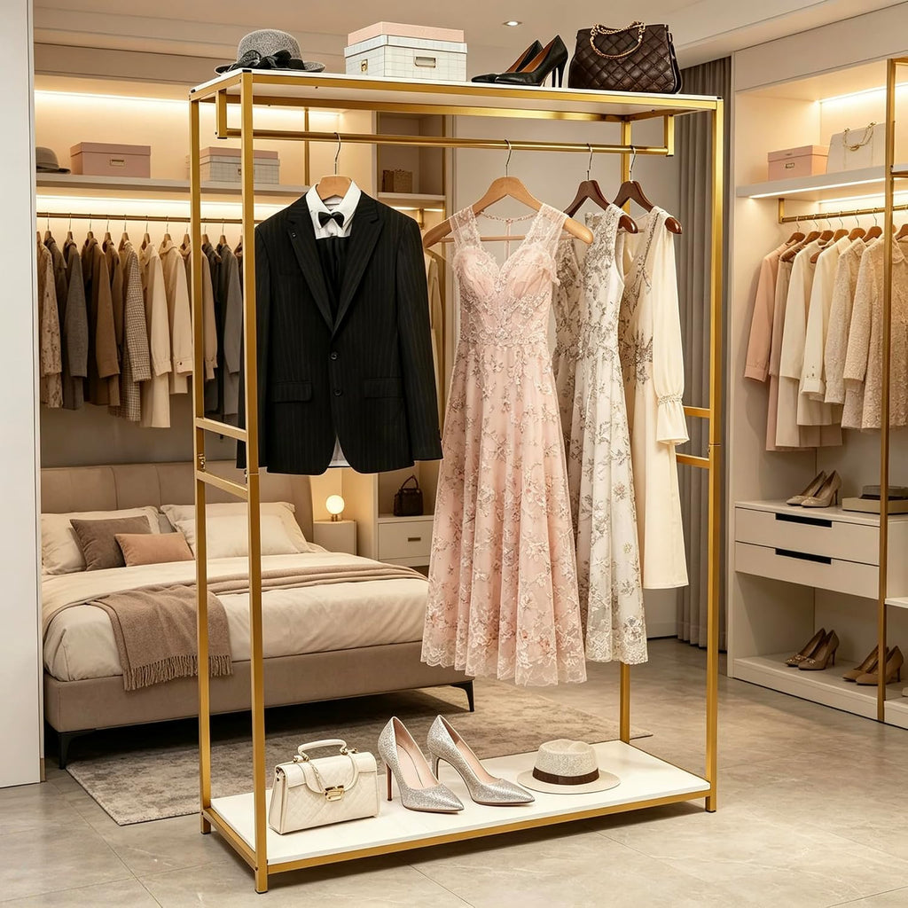 75' Tall Gold Clothing Garment Rack Boutique Retail Display Stand | W/ 2 Wood Shelf Clothes Wedding Dressr Racks for Hanging Long Dresses, Closet Wardrobe Shoes Bags Hats Clothes Organizer