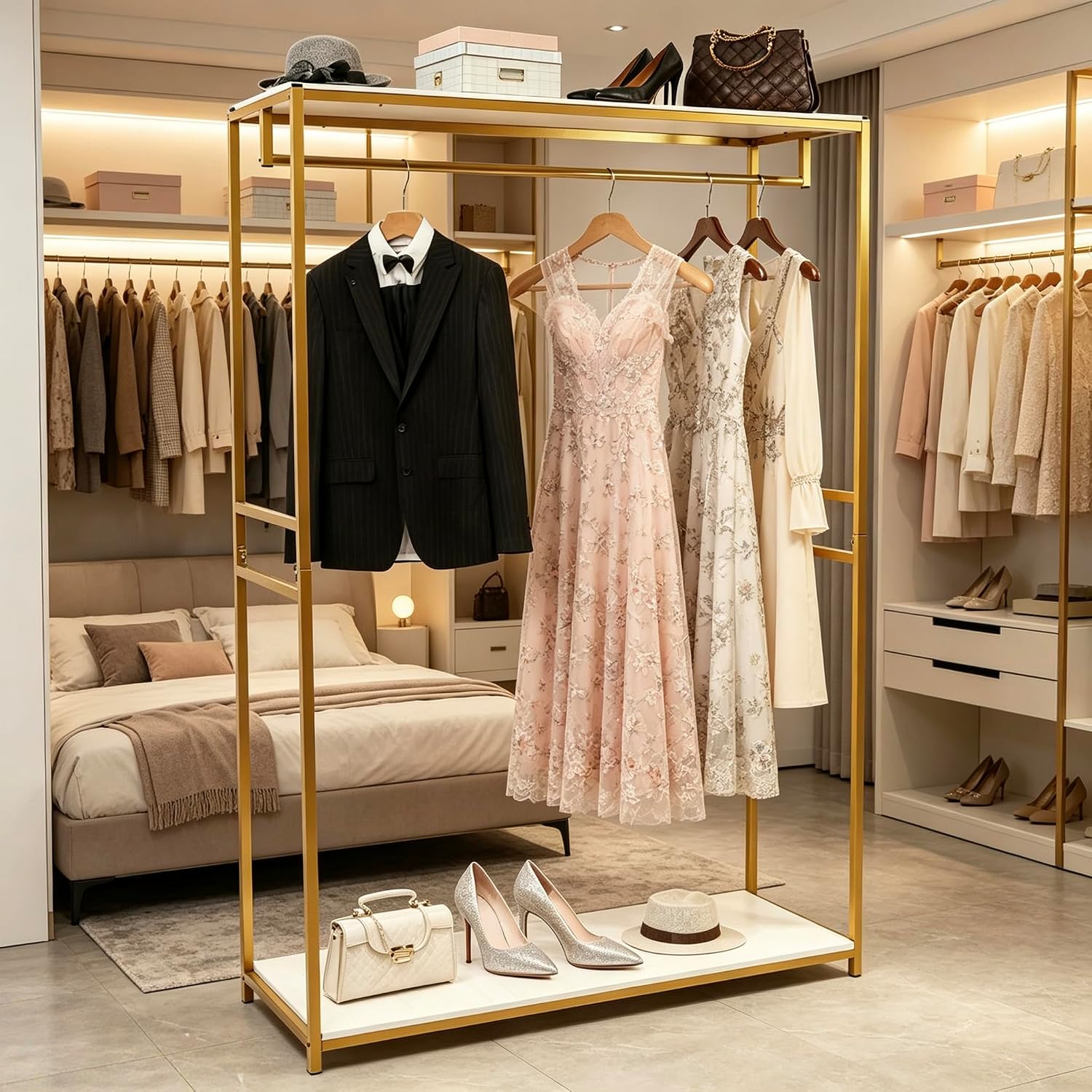 75' Tall Gold Clothing Garment Rack Boutique Retail Display Stand | W/ 2 Wood Shelf Clothes Wedding Dressr Racks for Hanging Long Dresses, Closet Wardrobe Shoes Bags Hats Clothes Organizer
