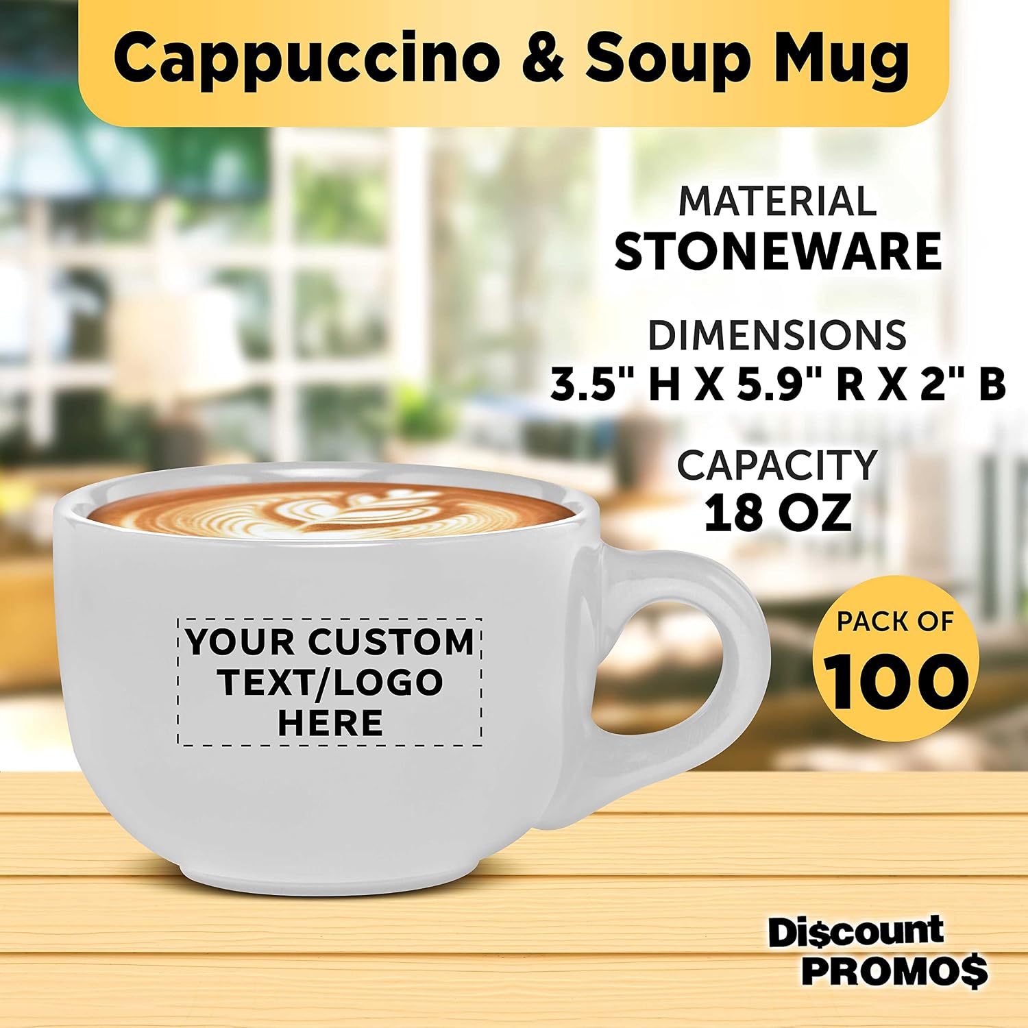 Custom Ceramic Cappuccino Mugs 18 oz. Set of 100, Personalized Bulk Pack - Perfect for Coffee, Tea, Espresso, Hot Cocoa, Other Beverages - White