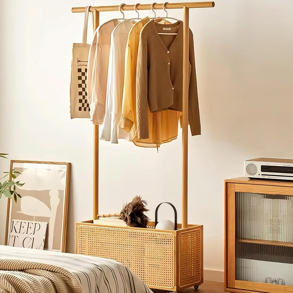 Bamboo Rolling Clothes Rack with Open Rattan Large Organizer, Garment Rack Stand Storage Box for Hanging Clothes, Natural Wood Wardrobe Shelves with Wheels for Entryway Bed Room (Creative Design)