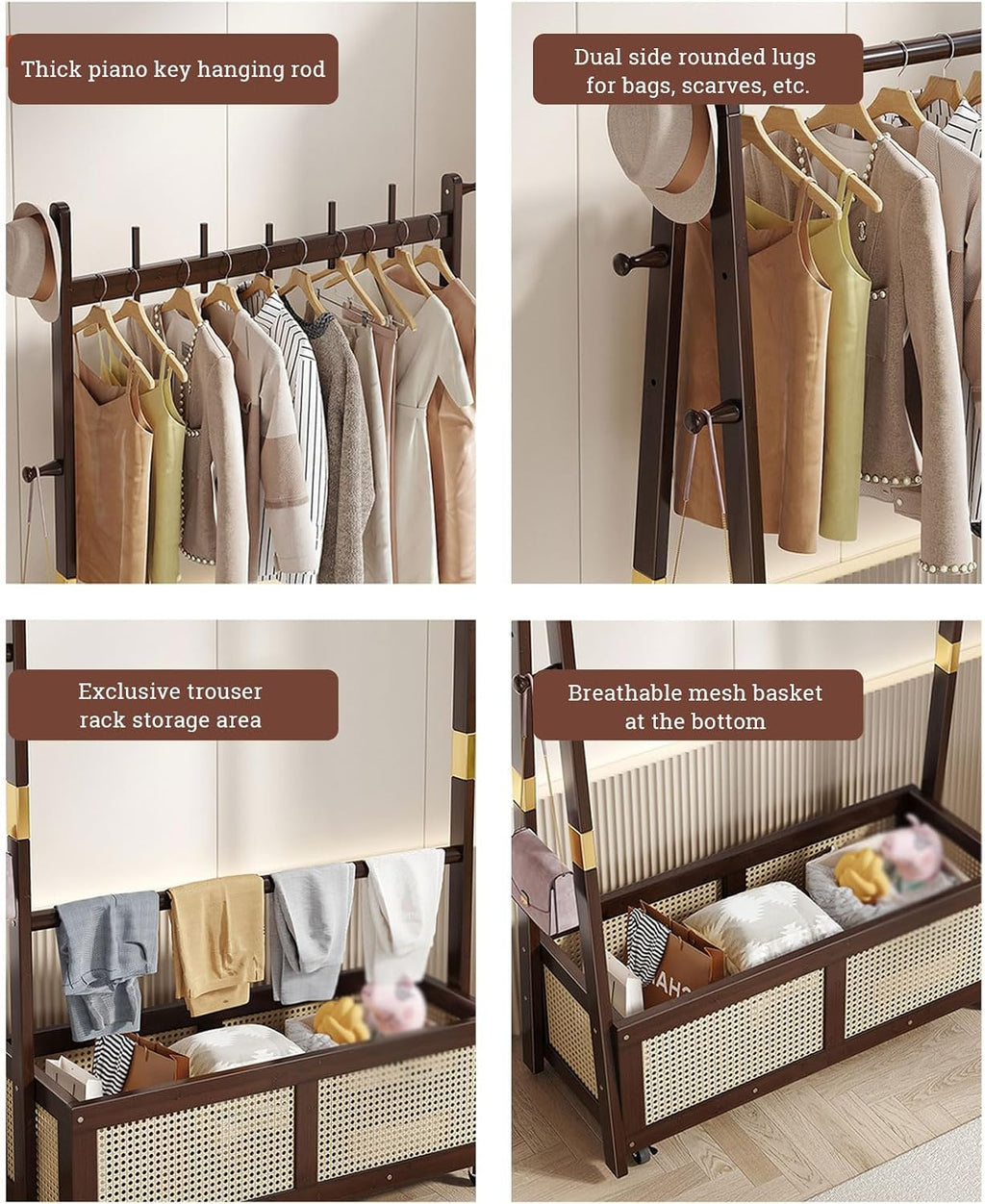 Free Standing Coat Stand with Hanging Rod, Bamboo Clothes Rail Stand with Large Capacity Rattan Storage Basket, Mobile Garment Rack with Wheels, for Bedroom Hallway