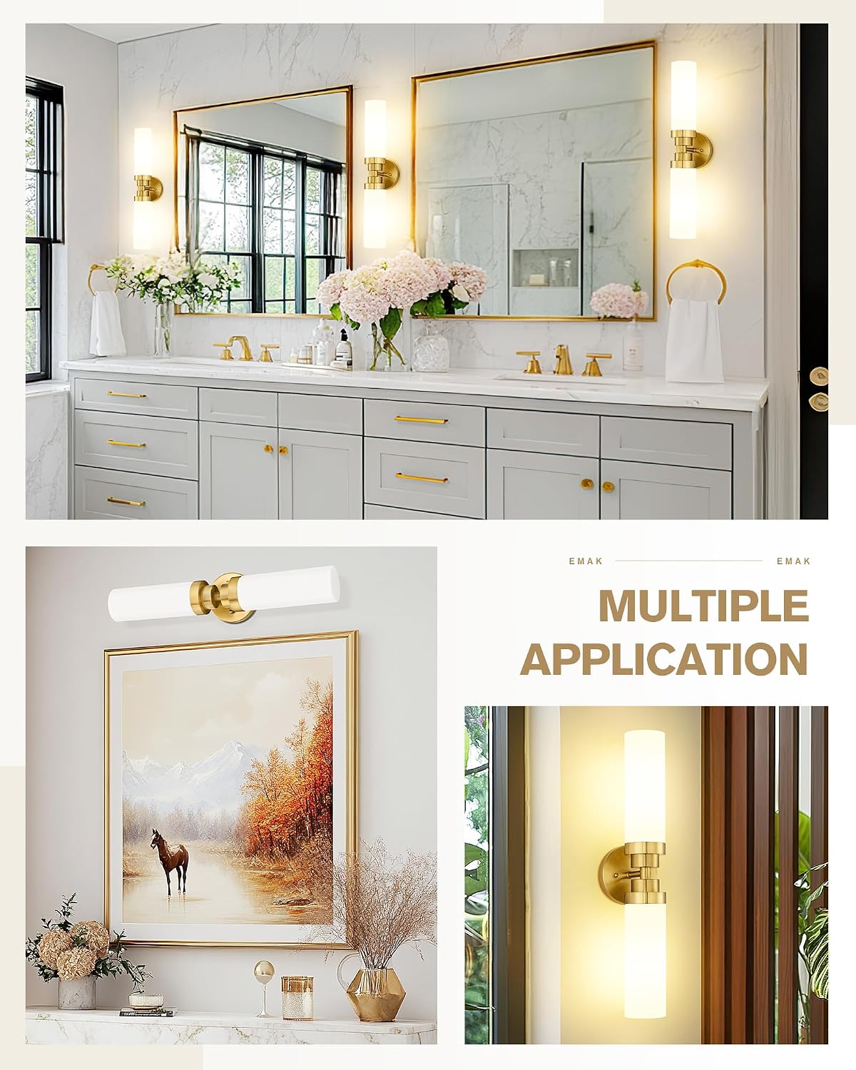 Emak 2 Pack Brushed Gold Bathroom Light Fixtures, 2 Light Bathroom Vanity Light with Milk Glass Shade, 22 Inch Modern Wall Sconce for Bath, Mirror, VL085-BGD-ML-2-PK