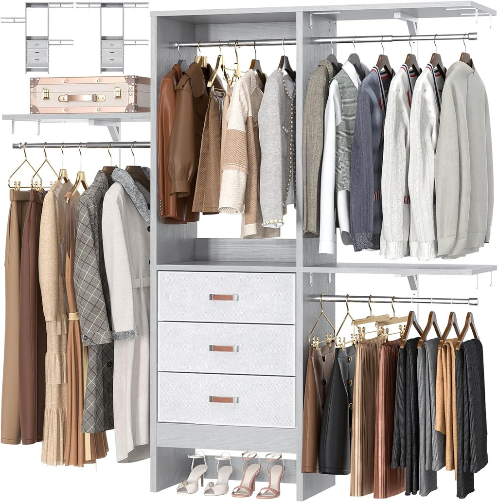 Armocity 5FT Small Closet System with 3 Fabric Drawers, 60 Inches Walk In Closet Organizer System With 3 Adjustable Shelves, Heavy Duty Clothes Rack Built-In Garment Rack, 59' L x 16' W x 71' H, Grey