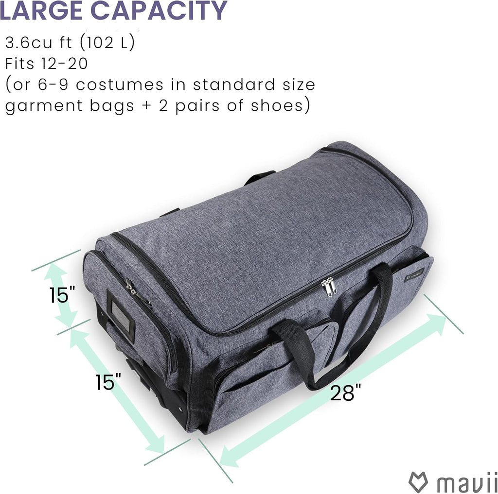 Mavii Dance Bag with Garment Rack - Wheeled 28 Inch Collapsible Travel Bag, Rolling Garment Rack Luggage, Gray