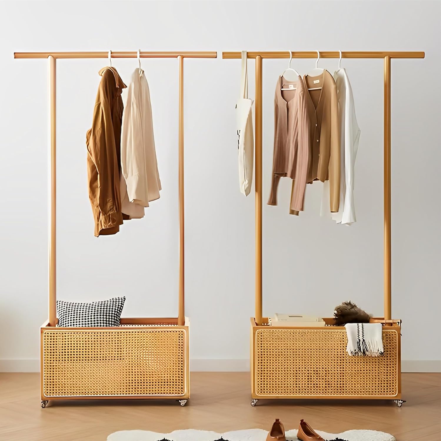 Bamboo Rolling Clothes Rack with Open Rattan Large Organizer, Garment Rack Stand Storage Box for Hanging Clothes, Natural Wood Wardrobe Shelves with Wheels for Entryway Bed Room (Creative Design)