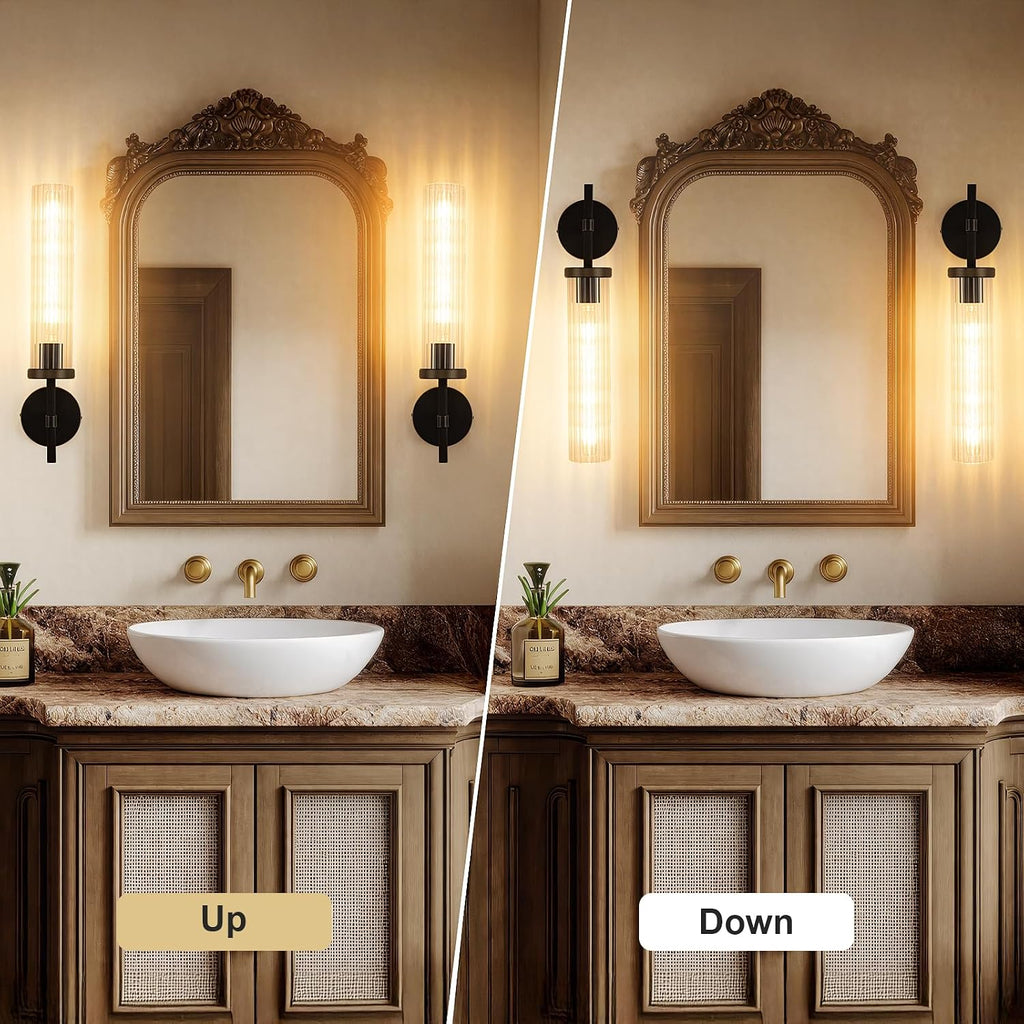 19.5' Knurled Brass Wall Sconce with Vertical Striped Glass Tube, Black Gold Bathroom Vanity Light Fixtures, Modern Lamp Lighting for Bedroom, Living Room, Hallway, Staircase, Mirror, Kitchen
