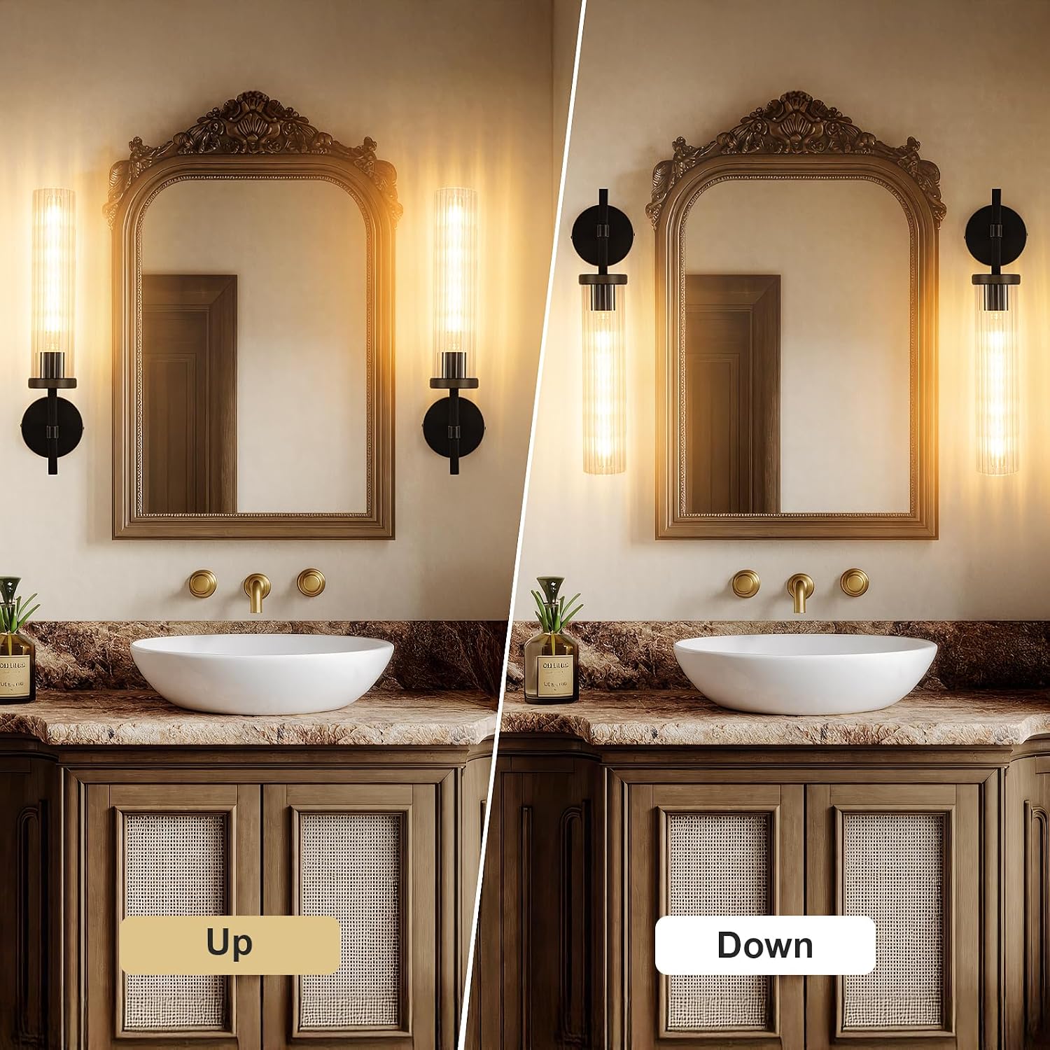 19.5' Knurled Brass Wall Sconce with Vertical Striped Glass Tube, Black Gold Bathroom Vanity Light Fixtures, Modern Lamp Lighting for Bedroom, Living Room, Hallway, Staircase, Mirror, Kitchen