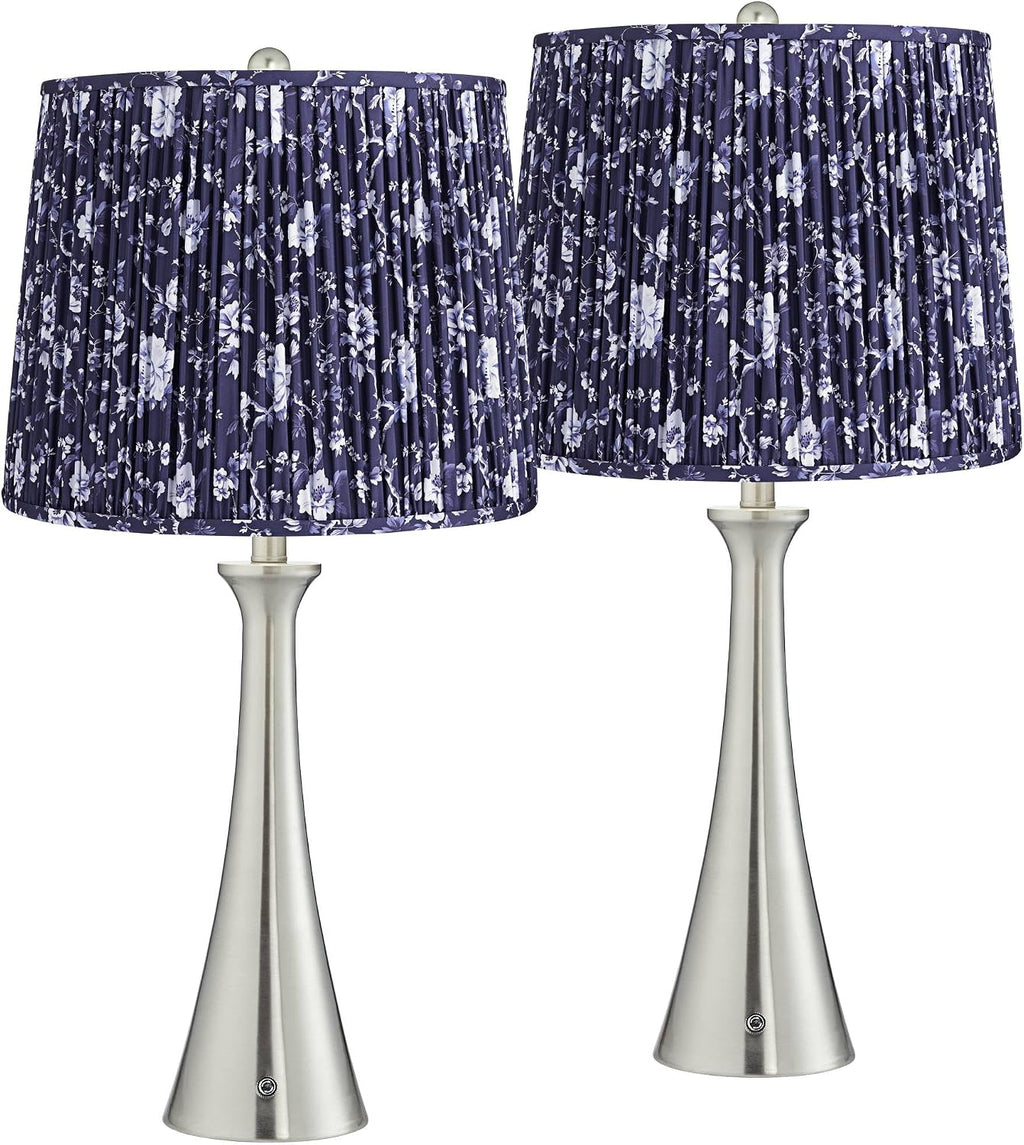 360 Lighting Karl 27 1/2' Tall Modern Table Lamps Set of 2 USB Port AC Power Outlet Silver Brushed Nickel Finish Metal Deep Blue Shade Living Room Charging Bedroom Bedside Nightstand House Office