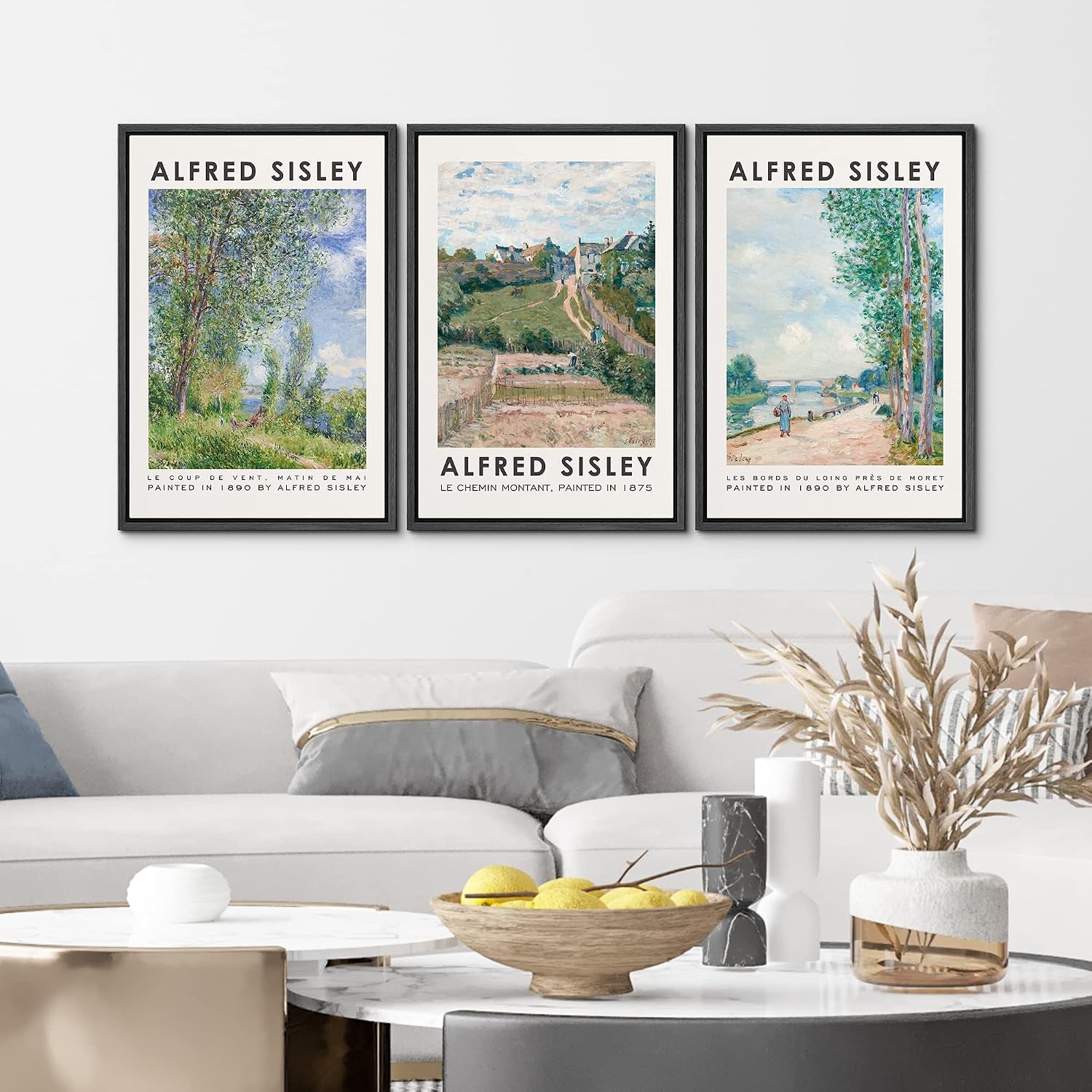MUDECOR Framed Canvas Print Wall Art Set Alfred Sisley Watercolor Landscapes Nature Wilderness Wilderness Illustration Modern Art Decorative Realism Rustic Vintage for Bedroom - 24'x36'x3 Black