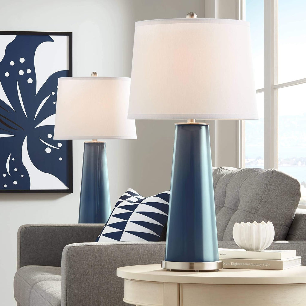Color + Plus Leo 29 1/2' Tall Modern Coastal End Table Lamps Set of 2 Naval Blue Finish Glass Fabric White Shade Living Room Bedroom Bedside Nightstand House Office Family Reading Kitchen Entryway