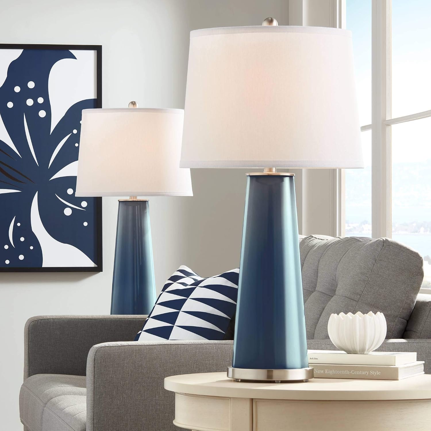 Color + Plus Leo 29 1/2' Tall Modern Coastal End Table Lamps Set of 2 Naval Blue Finish Glass Fabric White Shade Living Room Bedroom Bedside Nightstand House Office Family Reading Kitchen Entryway