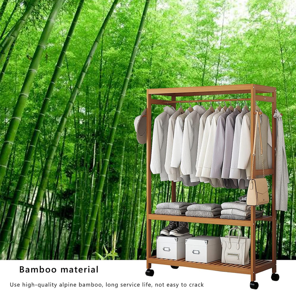 Bamboo Garment Coat Clothes Hanging Heavy Duty Rack with 1 Top and 4 Wheels,Multifunctional Storage Shelf Organizer,for Home Bedroom Entryway