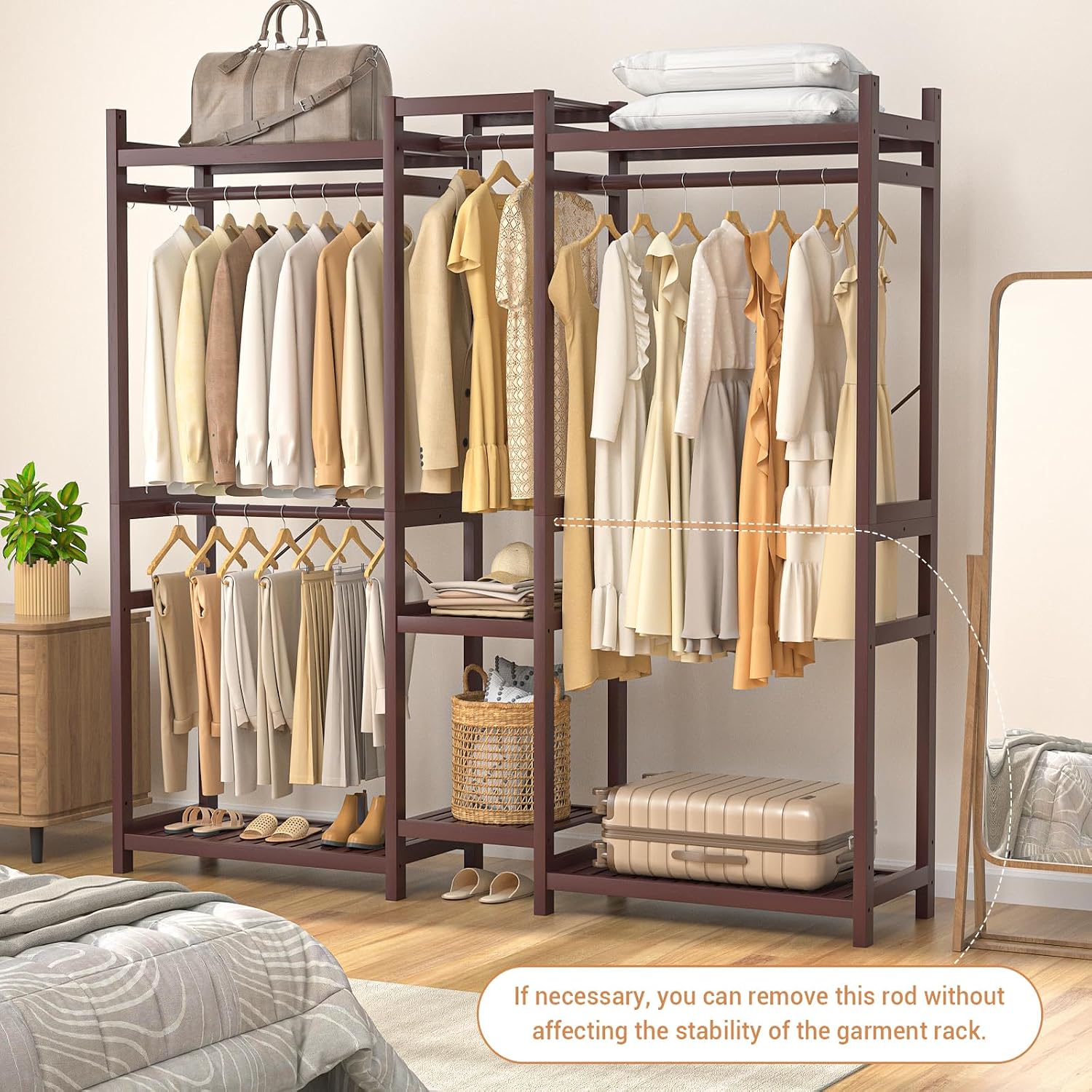 Homykic Bamboo Closet System Clothes Rack, Large Freestanding Garment Rack Clothing Rack for Hanging Clothes with 7 Storage Shelves and 5 Rods, Open Wardrobe Organizer with 4 Hooks, Espresso