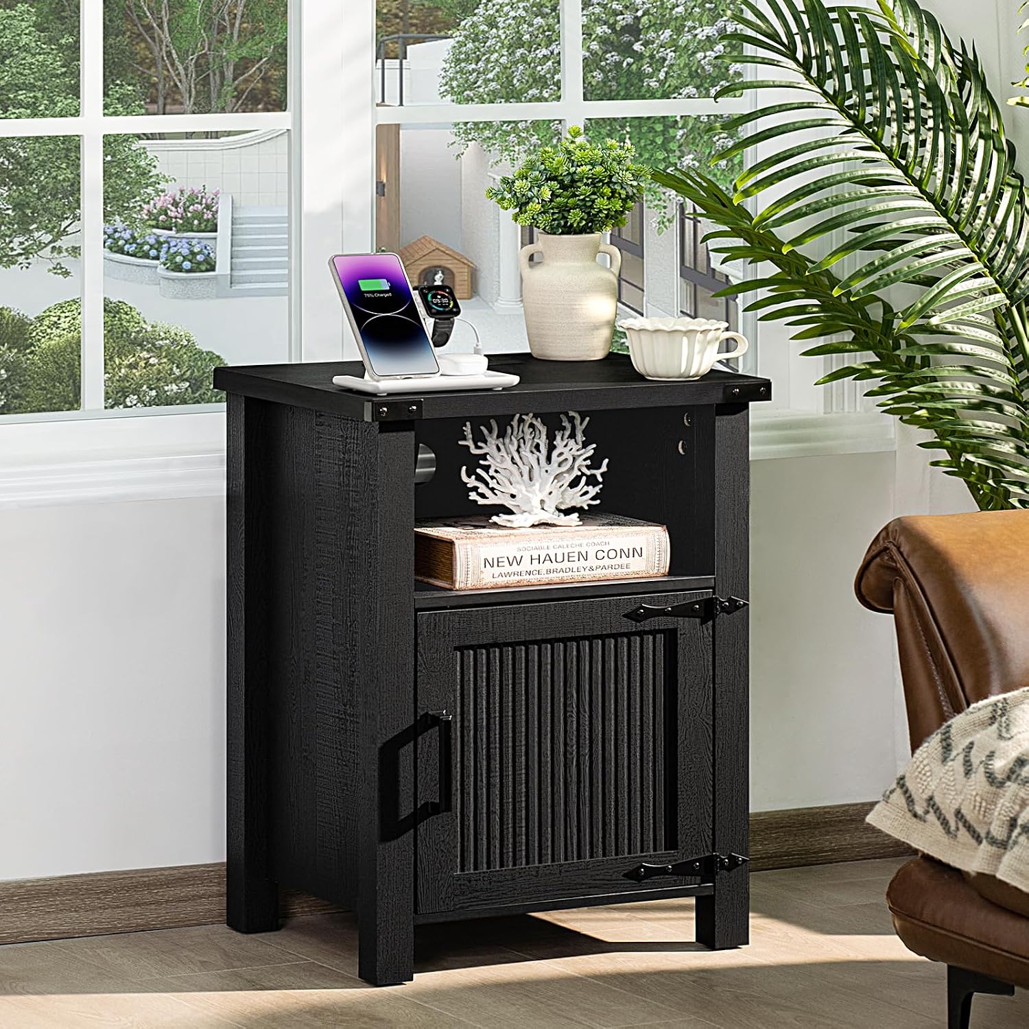 Joaxswe Night Stand Set of 2, 18 Inch Farmhouse Nightstand with with Charging Station and USB Port, Rustic Couch End Table with Magnetic Door, Wood Bed Side Tables for Bedroom, Home, Black