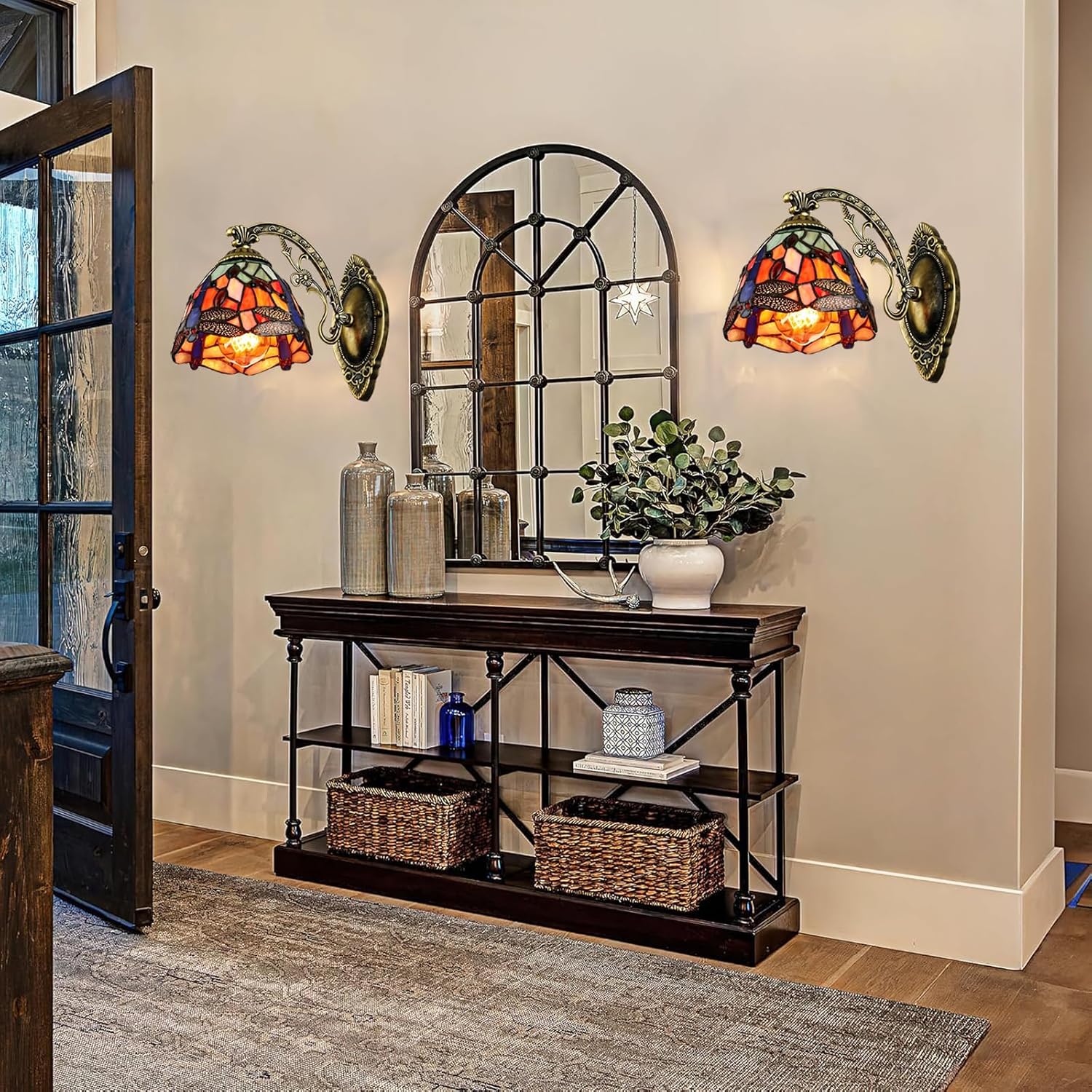 MIXL-Blue Dragonfly Wall Sconces Set of 2,Stained Glass Sconce,Art Deco Hallway Lighting Fixture,Modern Wall Lamp for Living Room Bedroom Study Room